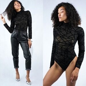 Women's Long-Sleeve Mesh Bodysuit geometric black velvet burnout size XL NWOT